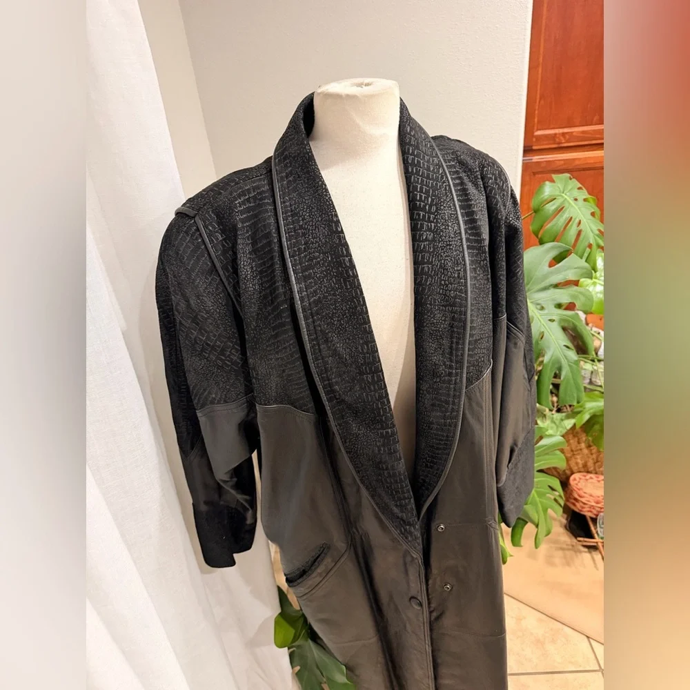 Vintage‎ Black Leather Long Coat Textured Shawl Collar 1X